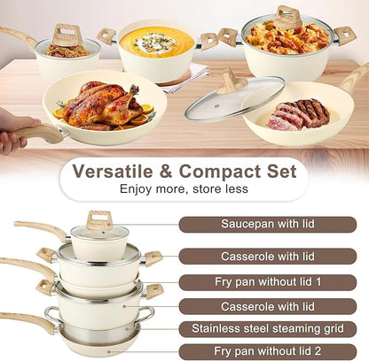 11 Pcs Pots and Pans Set, Nonstick Cookware Set with Lids and Wooden Handles, Silicone Spoons & Spatulas, Non-toxic Healthy Kitchen Cooking Set, PFAS & PFOA Free