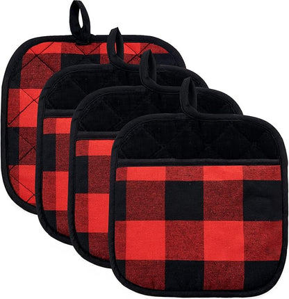 Joyhalo 4 Pack Pot Holders for Kitchen,Cotton Oven Holder with Great Heat Resistance,Non Slip Hot Pads for Kitchen Clearance,Black and Red by Joyhalo