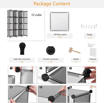 AWTATOS Cube Storage Organizer Closet Storage Cubes Shelves Bookshelf Clothes Organizer DIY Plastic 12 Cube Shelves for Home, Bedroom, Grey ULPZ022 - Image 8
