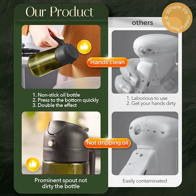 YARRAMATE 16oz/470ml Light-Blocking Dark Oil Sprayer for Cooking, 2 in 1 Olive Oil Dispenser Bottle for Kitchen, Premium Dark Green Glass Oil Bottle, Food-Grade Oil Mister for Air Fryer, BBQ (Black) - Image 8