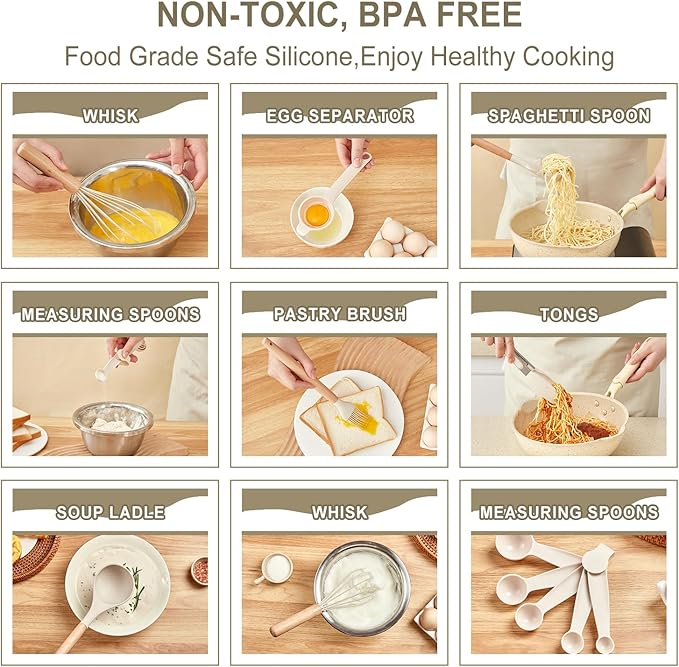 Kitchen Utensils Set - 34 PCS Non-Stick Silicone Cooking Utensils Set Spatula Set with Holder, Wooden Handle Spoon,Brush,Whisk Kitchen Gadgets Tools Set for Nonstick Cookware (Cream White-34P) - Image 2