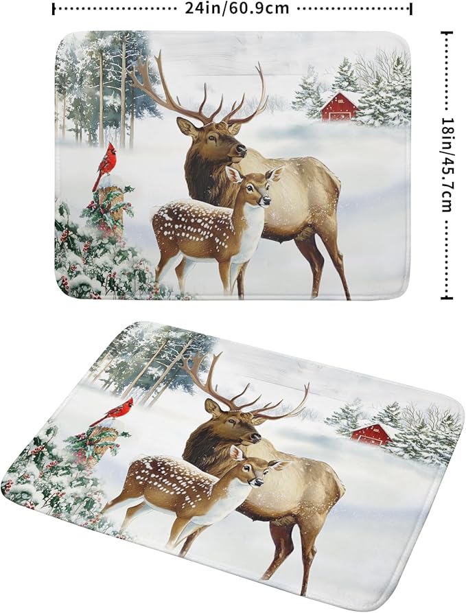 Giwawa Winter Deer Dish Drying Mat 18"x24" Xmas Tree Bird Holly Berry Dish Drainer Mats Elk Moose Snow Cottage Farmhouse Reversible Large Dish Drying Pad Protector for Kitchen Countertop Decor