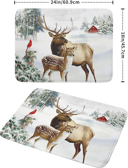 Giwawa Winter Deer Dish Drying Mat 18"x24" Xmas Tree Bird Holly Berry Dish Drainer Mats Elk Moose Snow Cottage Farmhouse Reversible Large Dish Drying Pad Protector for Kitchen Countertop Decor