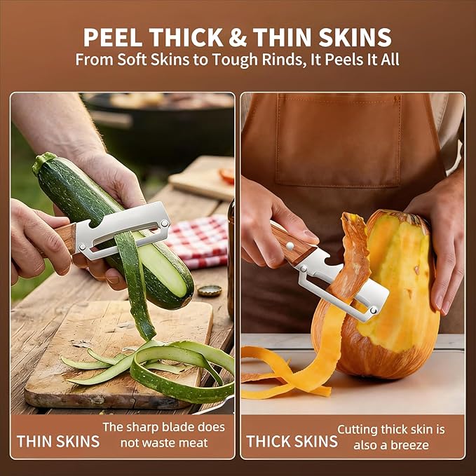 3 Pack 2 in 1 Multi-Functional Vegetable Peeler for Kitchen, Ultra-Sharp Stainless Steel Blade with Ergonomic Wooden Handle & Bottle Opener, Premium Kitchen Tool for Potato, Apple, Carrot, Pumpkin - Image 2