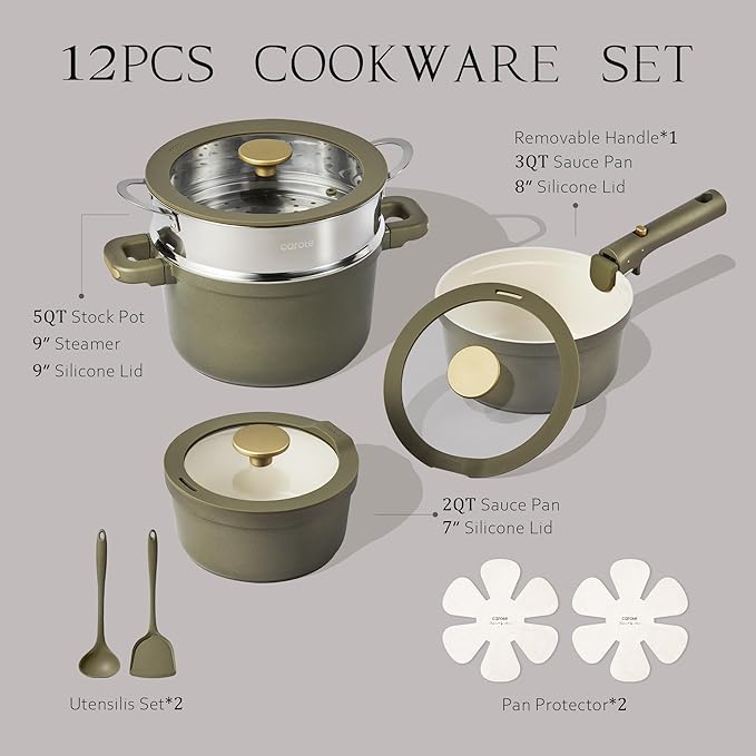 CAROTE Ceramic Saucepan Set 5.5QT/3QT/2QT，Nonstick Cooking Pots Set with Detachable Handles，Non-toxic Stock Pots with Lid，Induction Comptable，PFAS and PFOA Free，Olive Green - Image 2