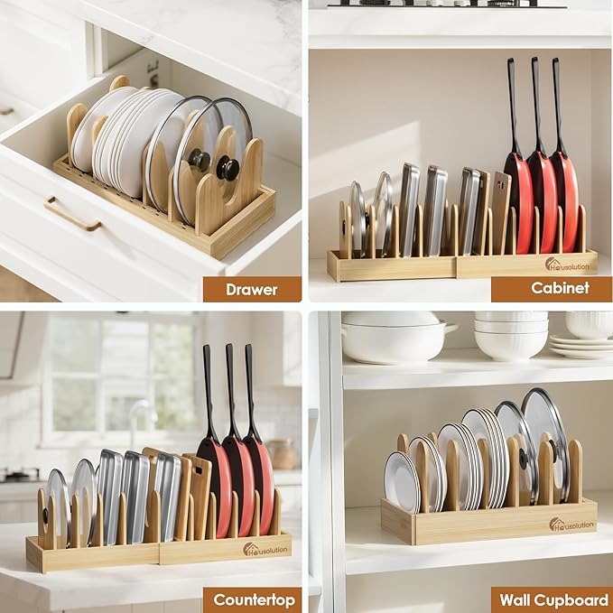 Housolution Bamboo Pot and Pan Organizer for Cabinet, 15"-29" Expandable Pot Lid Organizer with 10 Adjustable Dividers, Pan Holder Storage Rack with Solid Bamboo Wooden Base - Image 5