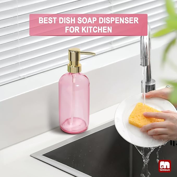 GMISUN Pink Soap Dispenser Bathroom, 1 Pack Glass Dish Soap Dispensers for Kitchen with Rustproof Plastic Gold Pump, 17 Fl Oz Bathroom Hand Soap Dispenser, Modern Liquid Dishwashing Dispensers Bottle - Image 6
