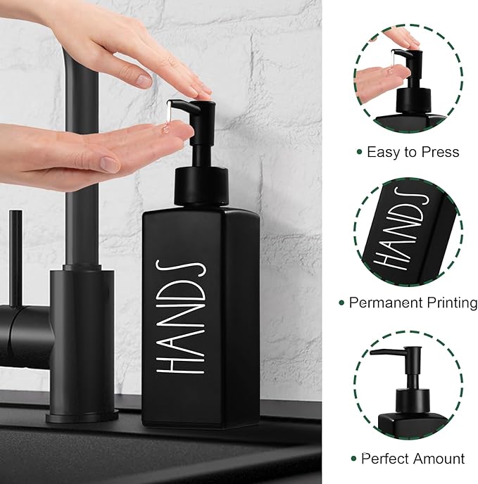 Hand Soap Dispenser, Matte Black Soap Dispenser for Bathroom, Glass Hands Liquid Dispenser with Pump, Farmhouse Soap Bottle Dispenser, Refillable Soap Bottle for Bathroom Decor, 12.3fl oz - Image 3
