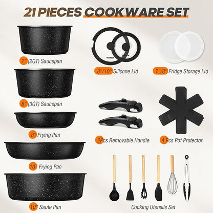 pots and Pans Set, Nonstick Cookware Set Detachable Handle, Induction Kitchen Cookware Sets with Removable Handle, Non Stick RV Cookware Set, Dishwasher ＆ Oven Safe (21 PCS)