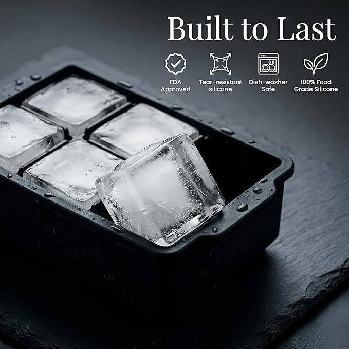 KitchFort Large Silicone Ice Cube Tray (2-Pack), Easy Release 2" Big Ice Cubes - Cocktail, Whiskey Ice Cubes Mold - Ice Trays for Freezer with Lid - Stackable Silicone Ice Tray - Black - Image 2
