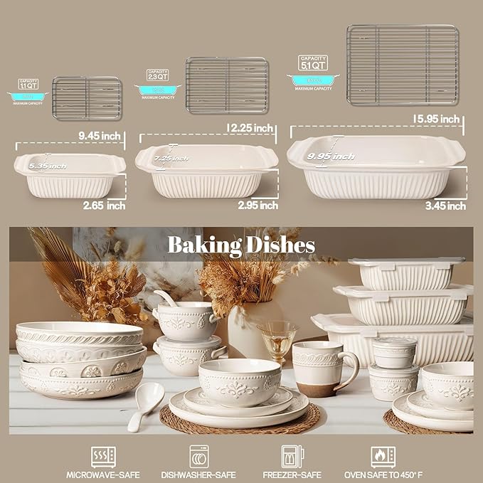 Artena Casserole Dishes For Oven, Ceramic Baking Dish, Large Lasagna Pan With Handles, Baking Pan Casserole Dish, Rectangular Bakeware Deep, White, Set Of 3 (5.1Qt/2.3Qt/1.1Qt) (Baking Dish With Rack) - Image 6