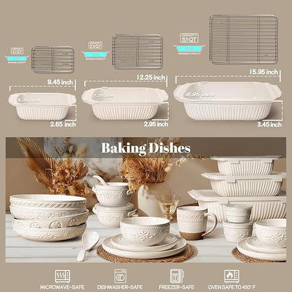 Artena Casserole Dishes For Oven, Ceramic Baking Dish, Large Lasagna Pan With Handles, Baking Pan Casserole Dish, Rectangular Bakeware Deep, White, Set Of 3 (5.1Qt/2.3Qt/1.1Qt) (Baking Dish With Rack) - Image 6