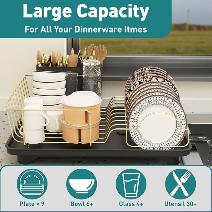 Buruis Dish Drying Rack for Kitchen Countertop, Large Capacity Gold Stainless Steel Dish Drainer with Anti-Slip Rubber Feet, Removable Drain Board and Utensil Holder (Black Tray) - Image 4