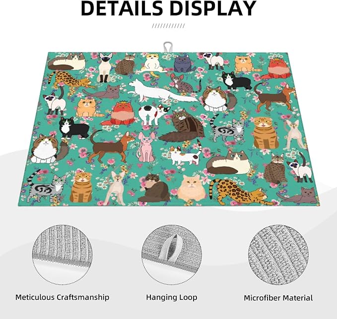 Cat Dish Drying Mat For Kitchen Microfiber Drying Mats Absorbent Reversible Dish Pad Draining Mats For Countertop Coffee Mats 18x24 Inch
