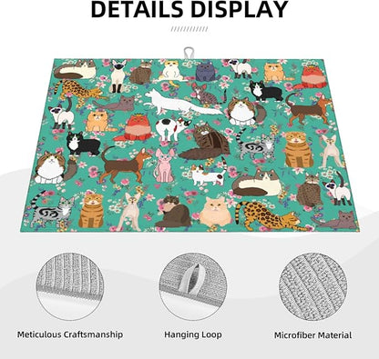 Cat Dish Drying Mat For Kitchen Microfiber Drying Mats Absorbent Reversible Dish Pad Draining Mats For Countertop Coffee Mats 18x24 Inch