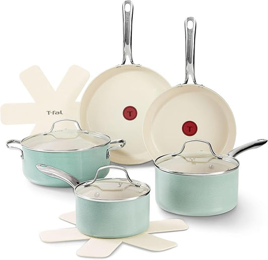 T-Fal Inspire Nonstick Ceramic Cookware Set, 10-Piece, Oven Safe to 500°F, Stockpot, Ceramic Pots and Pans Set, Frying Pans, Saucepans, Stockpot, Protectors, Mint Green by T-falbrand