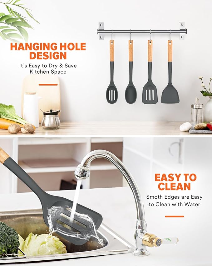 Silicone Cooking Utensils Set, Perfectly Angled for Frying, Mixing,Serving,Draining,Turning and Stirring, BPA-Free Matte Silicone, Wood Handles, Safe for Nonstick Cooking Surfaces,4 Pack (Grey) - Image 6