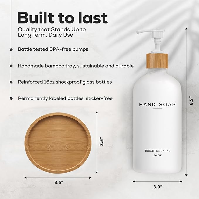 White Glass Hand Soap Dispenser Bathroom Set by Brighter Barns - Liquid Hand Soap Dispenser for Kitchen Sink - Boho Bathroom Pump Bottle Set - Minimalist Home Decor for Vacation Rental, Gifts (White) - Image 3