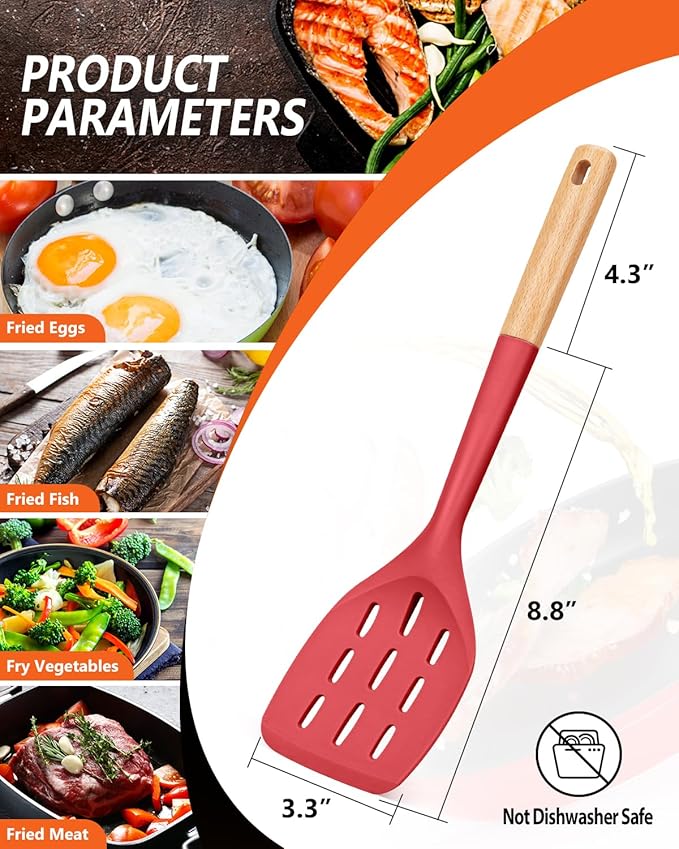 Pack of 2 Silicone Spatula, Non Stick Cooking Utensil Set Wooden Handle Kitchen Turner for Baking Mixing Grilling Serving Food Heat Resistant Non Scratch Hooks Included (Red) - Image 2