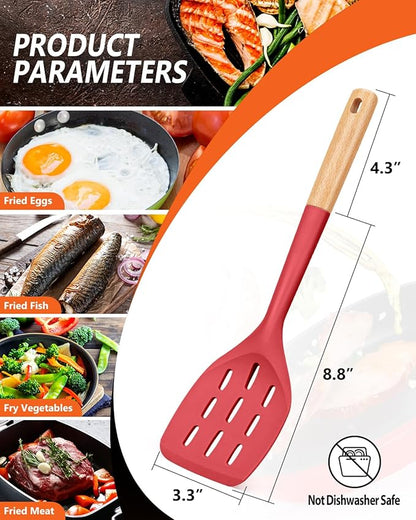 Pack of 2 Silicone Spatula, Non Stick Cooking Utensil Set Wooden Handle Kitchen Turner for Baking Mixing Grilling Serving Food Heat Resistant Non Scratch Hooks Included (Red) - Image 2