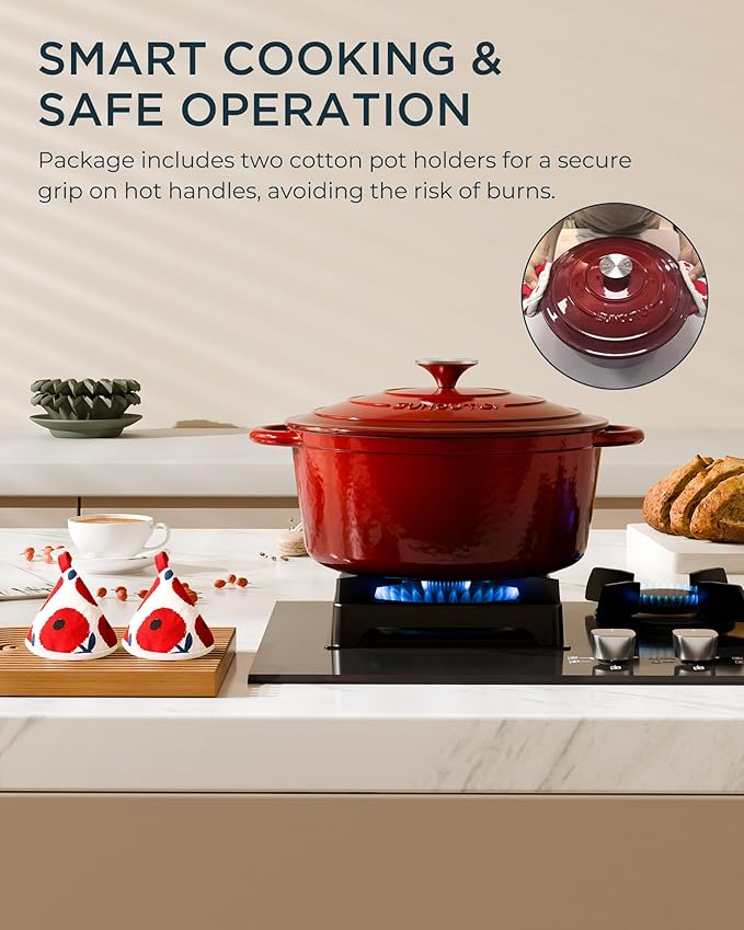 Enameled Cast Iron Dutch Oven - 4.5QT Pot with Lid & Cotton Potholders - Heavy-Duty Cookware for Braising, Stews, Roasting, Bread Baking, Oven Safe up to 500°F & Suitable for All Cooktops, Cherry Red - Image 7