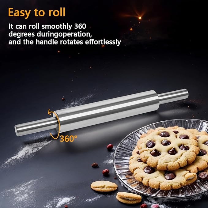 17-Inch Stainless Steel Rolling Pin for Baking - Heavy Duty Metal Dough Roller with Non-Slip Handles for Pizza, Chapati, Cookies & Pastry - Dishwasher Safe - Image 4