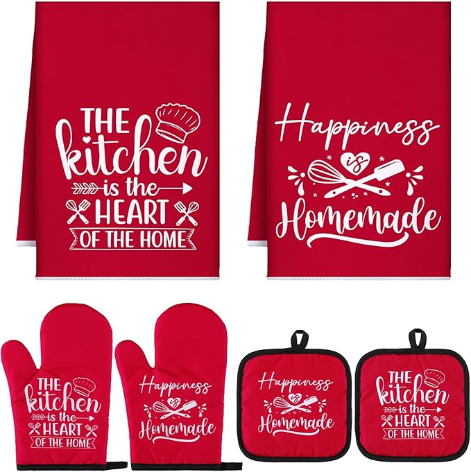 Sratte 6 Pcs Kitchen Decor Accessories Set Farmhouse Towels Pot Holders Oven Mitts Set 2 Dish Towels 2 Potholders 2 Cooking Mittens Oven Glove for Christmas Baking Cooking Supply(Red,Kitchen) by Sratte