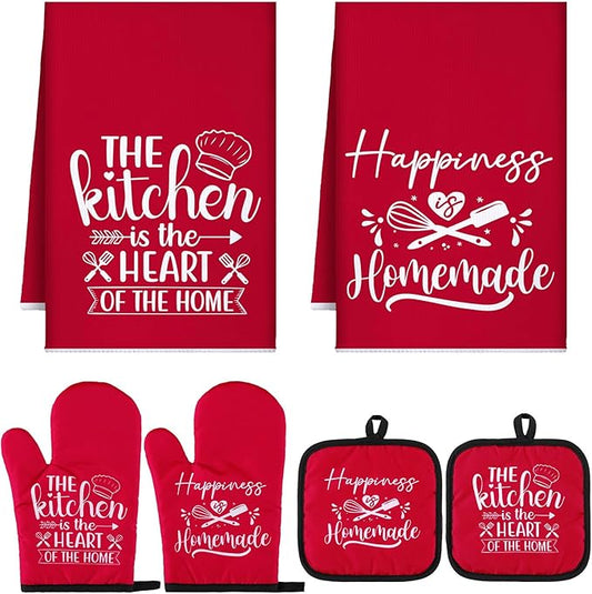 Sratte 6 Pcs Kitchen Decor Accessories Set Farmhouse Towels Pot Holders Oven Mitts Set 2 Dish Towels 2 Potholders 2 Cooking Mittens Oven Glove for Christmas Baking Cooking Supply(Red,Kitchen) by Sratte
