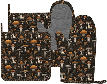 Oven Mitts and Pot Holders Set, Vintage Mushroom Leaf Silicone Kitchen Accessories 4 Piece Heat Resistant Long Gloves Potholder Non-Slip Grip for Chef Cooking Baking Grilling BBQ