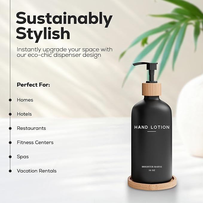 Black Glass Lotion Dispenser with Pump by Brighter Barns - Hand Lotion Dispenser Bathroom Set with Tray - Luxury Bathroom Accessories Set, Modern Home Decor for Spa, Office, Living Room, Hotel (Black) - Image 2