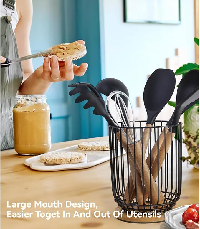 WDT Tool Utensil holder for Kitchen Counter，Large Utensils Holder For Farmhouse Cooking, Utensil Caddy Spatula Holder (Metal+Bamboo-1) - Image 5