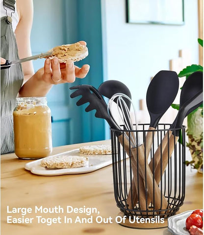 WDT Tool Utensil holder for Kitchen Counter，Large Utensils Holder For Farmhouse Cooking, Utensil Caddy Spatula Holder (Metal+Bamboo-1) - Image 5