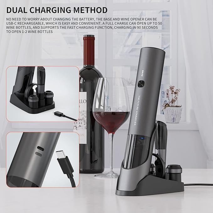 CIRCLE JOY Rechargeable Electric Wine Bottle Opener Set 7-in-1 Aluminum Alloy Wine Gift Set with 2-in-1 Electric Corkscrew & Vacuum Pump, Foil Cutter, Wine Pourer, Charging Base and 2 Wine Stoppers - Image 6