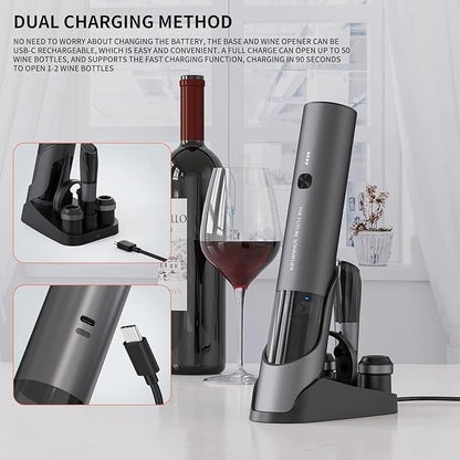 CIRCLE JOY Rechargeable Electric Wine Bottle Opener Set 7-in-1 Aluminum Alloy Wine Gift Set with 2-in-1 Electric Corkscrew & Vacuum Pump, Foil Cutter, Wine Pourer, Charging Base and 2 Wine Stoppers - Image 6