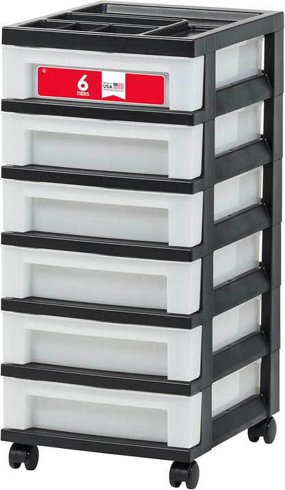 IRIS USA Craft Plastic Organizers and Storage, Rolling Storage Cart for Classroom Supplies, Storage Organizer for Art Supplies, Drawer Top Organizer for Small Parts, 6 Drawer, Black/Pearl by IRISUSA