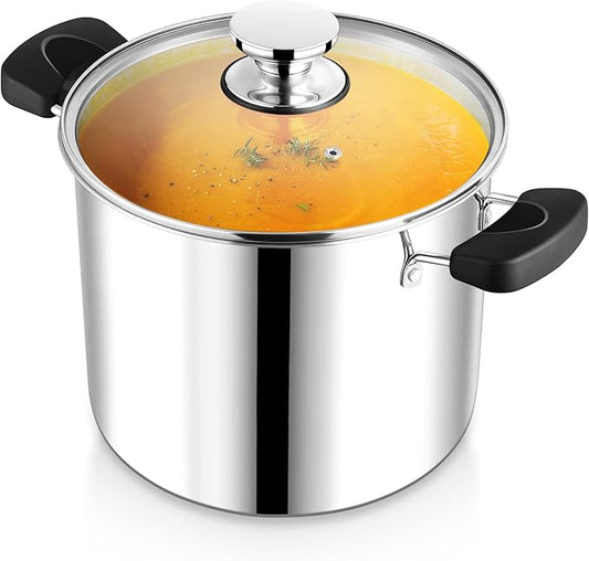 12 Quart 3-Ply Cooking Stock Pot with Lid, P&P CHEF Stainless Steel Large Pot for Pasta Soup, Work on Multi Stove, Heavy Duty & Dishwasher Safe, Dual Heat-resistant Handles & Transparent Glass Lid by PPCHEF