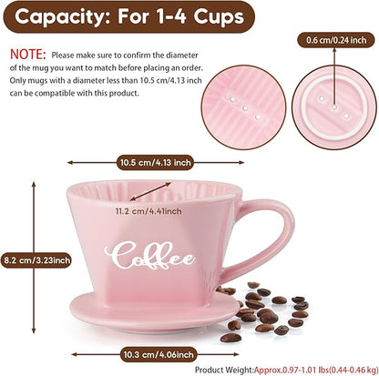 Pour Over Coffee Maker, Ceramic Pour Over Coffee Dripper, Manual Brew Maker, Pink Kitchen Decor and Accessories, Single Cup Porcelain Slow Brewing Accessories for Cafe Coffee Bar