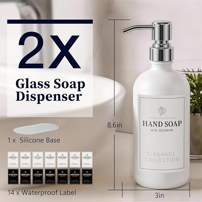 White Glass Soap Dispenser Set of 2, 16oz Hand and Dish Soap Dispenser for Kitchen & Bathroom, Silver Stainless Steel Pump, Non-Slip Base, 14 Waterproof Labels, Minimalist Decor - Image 9
