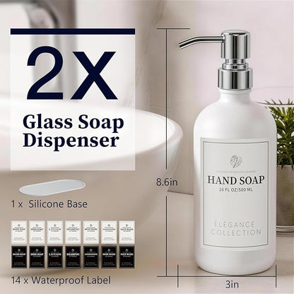 White Glass Soap Dispenser Set of 2, 16oz Hand and Dish Soap Dispenser for Kitchen & Bathroom, Silver Stainless Steel Pump, Non-Slip Base, 14 Waterproof Labels, Minimalist Decor - Image 9