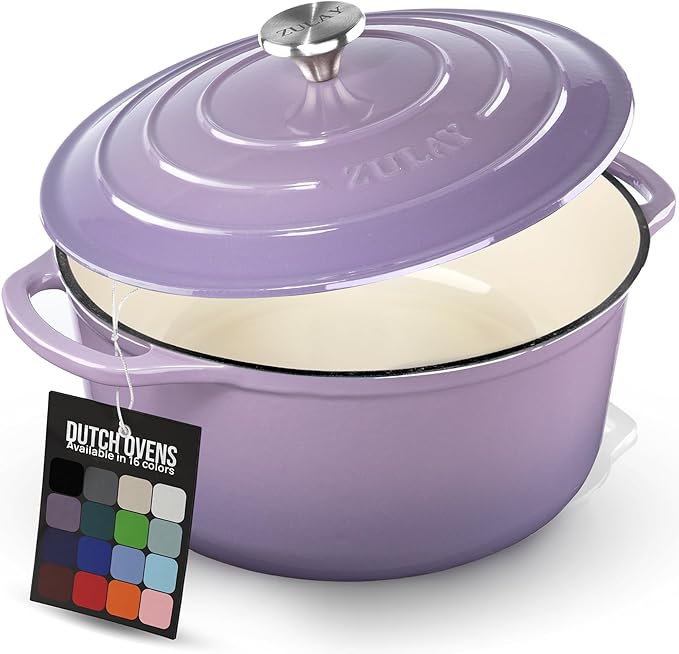 Zulay Kitchen 6 Quart Enameled Cast Iron Dutch Oven Pot with Lid – Premium Durability & Oven Safe up to 500°F – Heavy Duty Cookware Perfect for Bread Baking, Stews, Braising & Roasting - Lavender Jade by ZulayKitchen