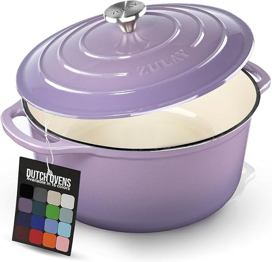 Zulay Kitchen 6 Quart Enameled Cast Iron Dutch Oven Pot with Lid – Premium Durability & Oven Safe up to 500°F – Heavy Duty Cookware Perfect for Bread Baking, Stews, Braising & Roasting - Lavender Jade by ZulayKitchen