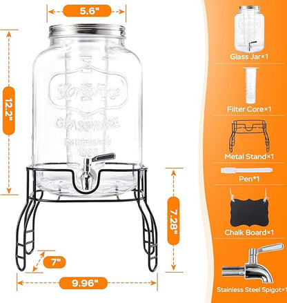 2 Gallon Large Glass Drink Dispenser Set, Beverage Dispensers with Stand & 18/8 Stainless Steel Spigot, Leakproof for Lemonade, Sun Tea & Iced Tea - Image 2