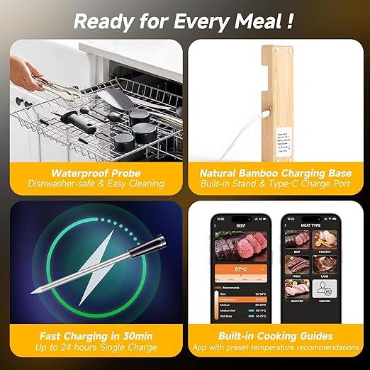 Wireless Meat Thermometer Digital, Long-Range Bluetooth Cooking Thermometer, Remote Tracking & Real-Time Readings for BBQ, Smoker, Air Fryer, Ideal Gift for Home Chef, Pitmaster, Griller