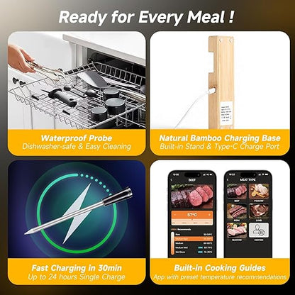 Wireless Meat Thermometer Digital, Long-Range Bluetooth Cooking Thermometer, Remote Tracking & Real-Time Readings for BBQ, Smoker, Air Fryer, Ideal Gift for Home Chef, Pitmaster, Griller