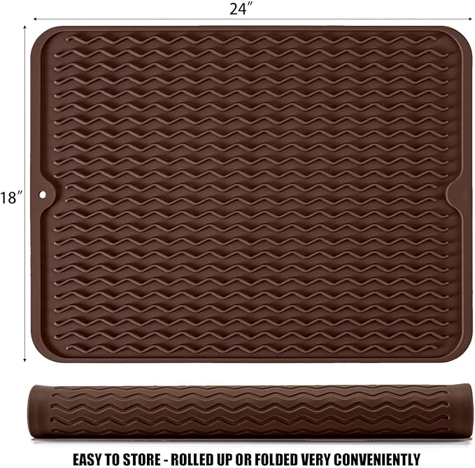 Large 24" x 18" Silicone Dish Drying Mat for Kitchen Counter, Easy clean, Quick Dry, Heat-resistant Dish Drainer Mat for Sink,Refrigerator or Drawer liner (Food Grade Silicone-Coffee) - Image 2