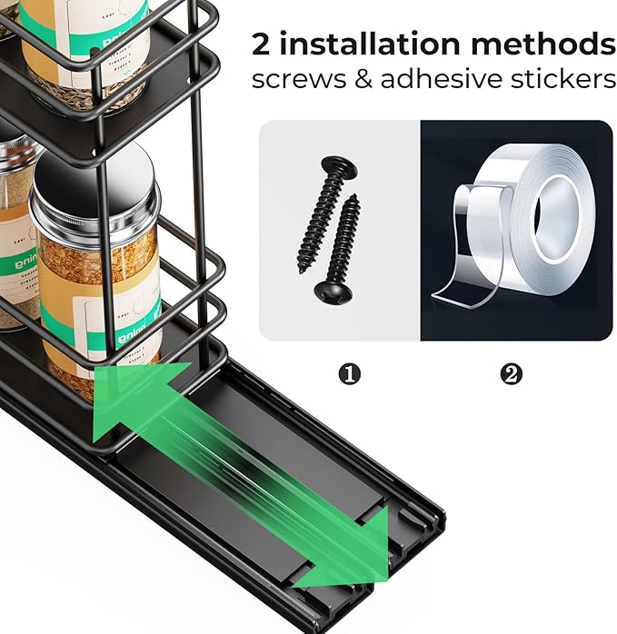 Mystozer Pull Out Spice Rack Organizer for Cabinet, Slide Out Spice Racks, Easy to Install Spice Cabinet Organizer, 2.5" Wx10.43 Dx8.26 H, 1 Drawer 2 Tiers（Black） - Image 5