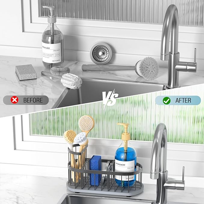 Sponge Holder for Kitchen Sink with High Brush Holder, [Stay-Dry Anywhere & No Drainage Needed] Rustproof Stainless Steel Kitchen Sink Caddy Organizer with Water Absorbing Stone Tray, Grey - Image 6