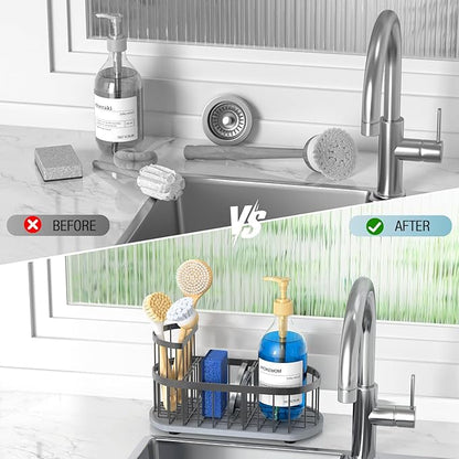 Sponge Holder for Kitchen Sink with High Brush Holder, [Stay-Dry Anywhere & No Drainage Needed] Rustproof Stainless Steel Kitchen Sink Caddy Organizer with Water Absorbing Stone Tray, Grey - Image 6