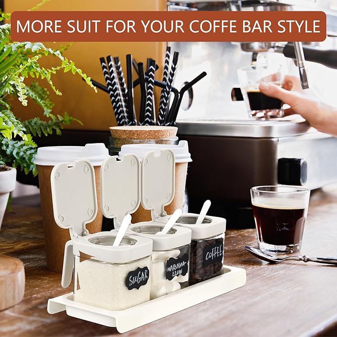 Suclain 3 Pcs Glass Coffee Containers Coffee Station Organizer Set, Airtight Bean Storage Jars with Shelf,labels,spoon, Base and Pen,for Sugar, Candy, Oats, Nuts(White) - Image 5