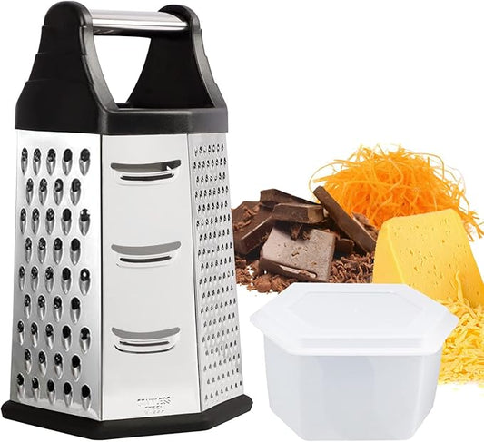 Box Grater, Cheese Grater Shredder Stainless Steel with 6 Sides, Best for Parmesan Cheese, Vegetables, Potatoes, Carrot, Ginger, Mandoline Vegetable Slicer with Detachable Container, Silver